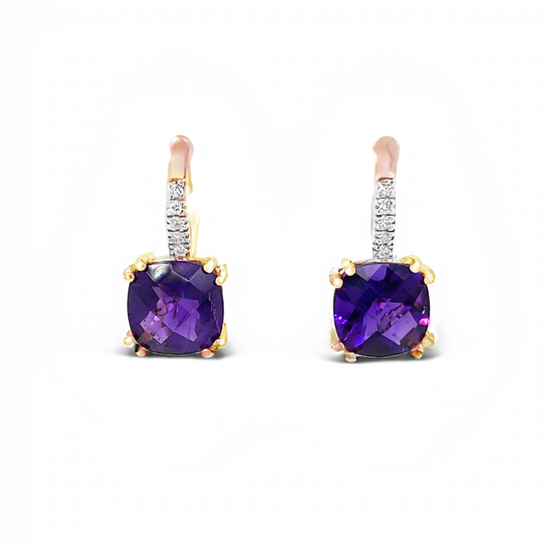 Rose 14 Karat Dangle Earrings With 10=0.07Tw Round Brilliant G VS Diamonds And 2=4.50Tw Cushion Amethysts