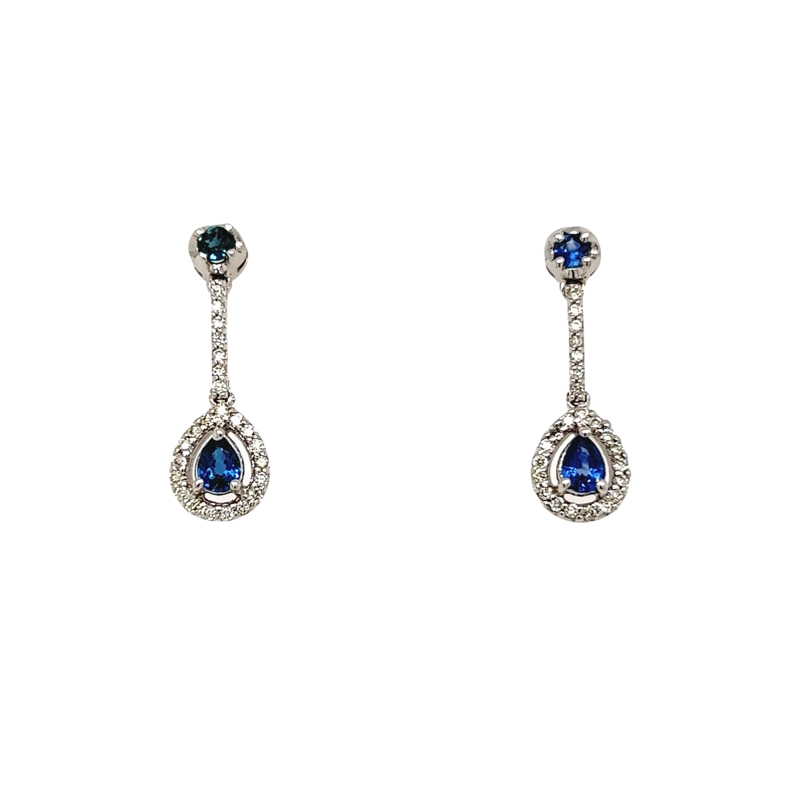 White 14 Karat Dangle Earrings With 48=0.05Tw Round Brilliant G VS Diamonds And 2=0.40Tw Pear Sapphires