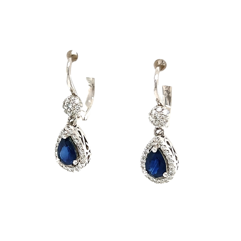 White 14 Karat Dangle Earrings With 58=0.34Tw Round Brilliant G VS Diamonds And 2=1.00Tw Pear Sapphires