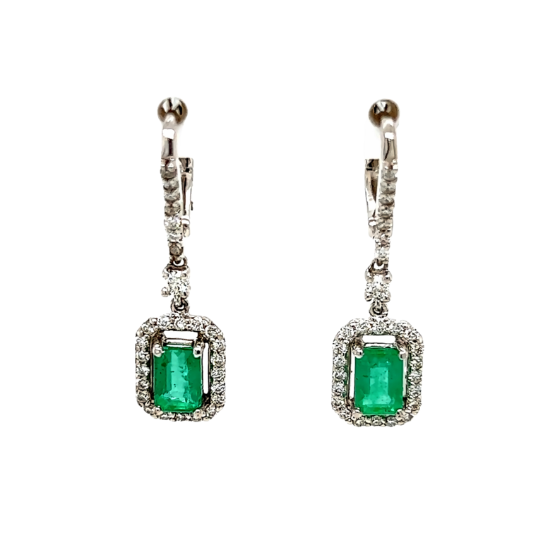 Lady s White 14 Karat Dangle Earrings With 56=0.49Tw Round Brilliant G VS Diamonds And 2=1.20Tw Emerald Emeralds