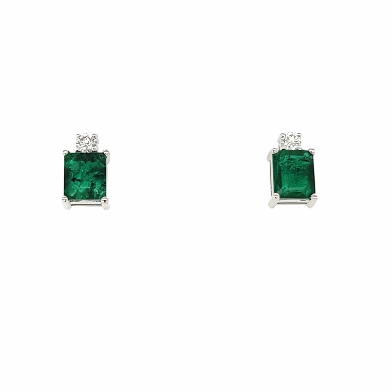 White 14 Karat Stud Earrings With 2=0.12Tw Round Brilliant G Vs Diamonds And 2=1.60Tw Emerald Emeralds