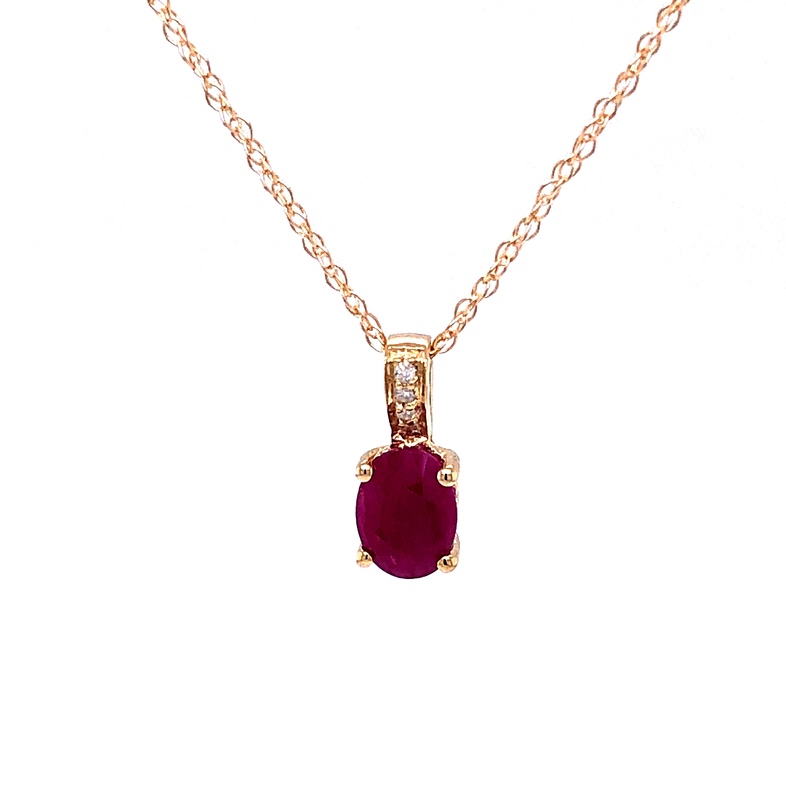 Lady s Yellow 14 Karat Pendant Lengt With One 7.00X5.00MM Oval Ruby And 4=0.03TW Single Cut G SI Diamonds