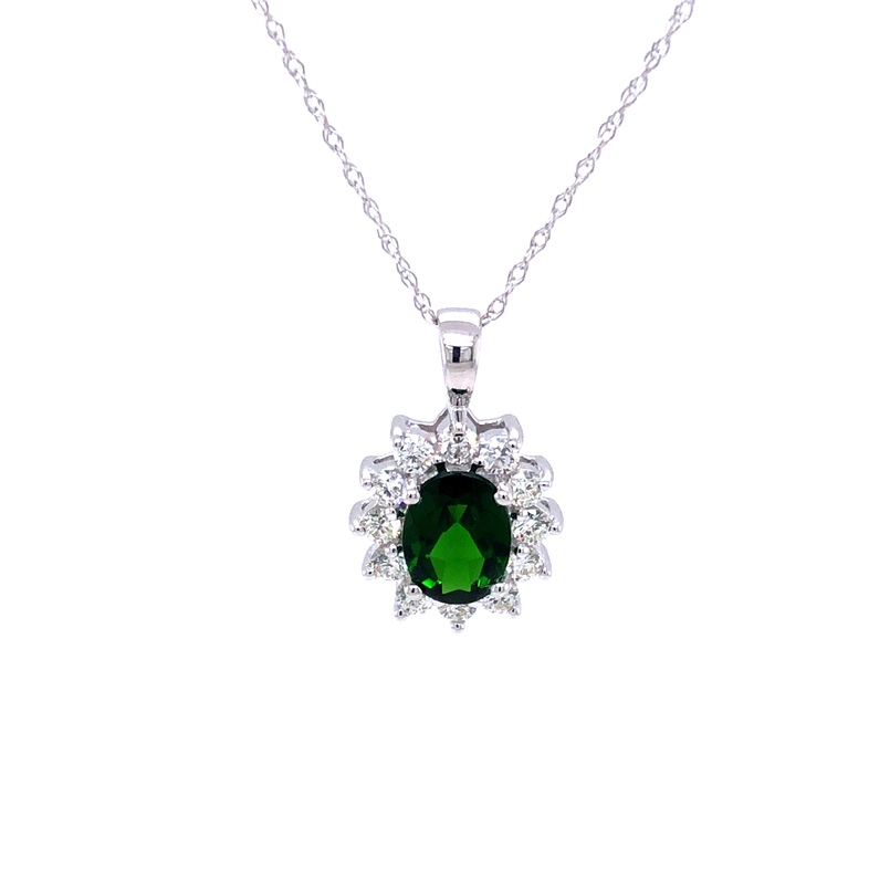Lady s White 14 Karat Pendants Length 18 With One 1.30Ct Oval Chrome Diopside And 12=0.63Tw Round Brilliant G Vs Diamonds  dwt: 1.6