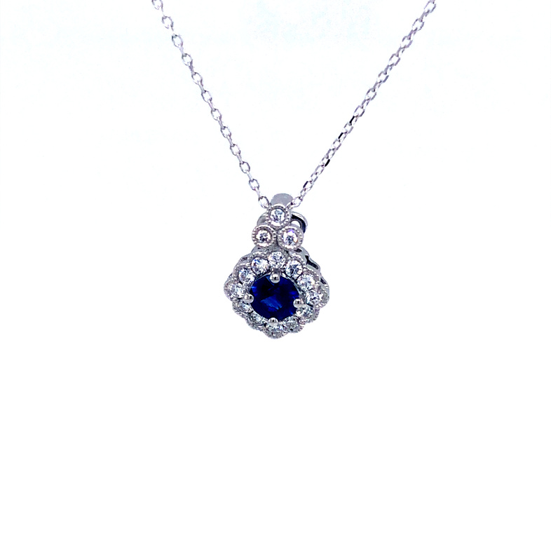 White 14 Karat Pendant With One 0.43Ct Round Sapphire And 15=0.18Tw Round Brilliant G VS Diamonds