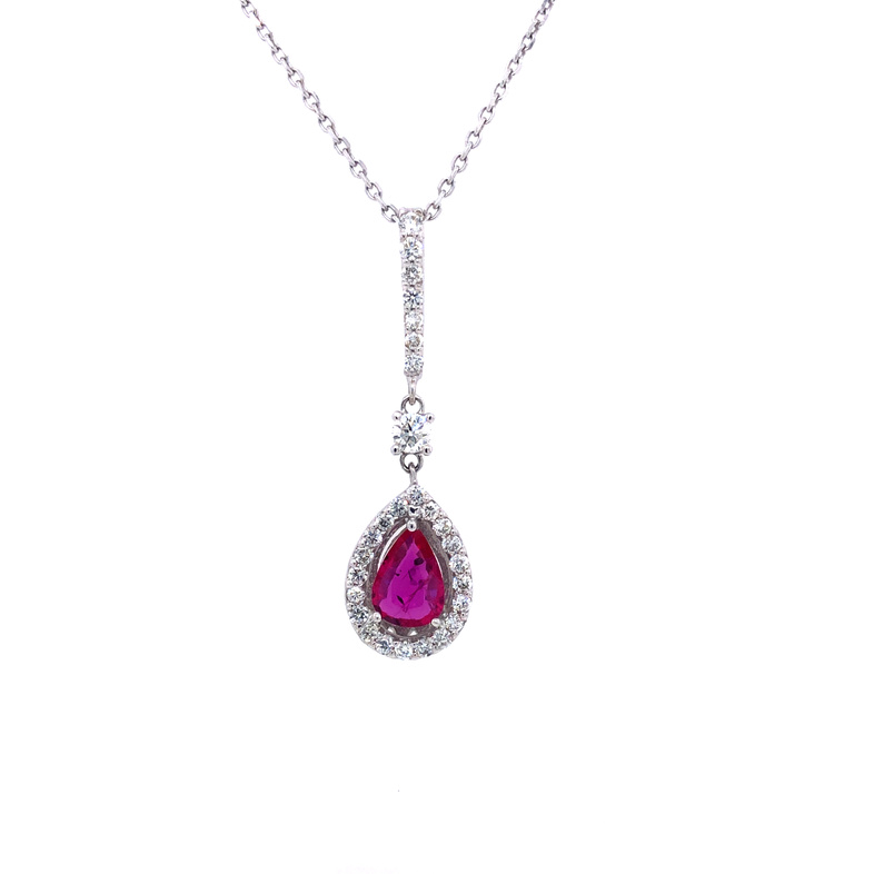 14 Karat White Gold Halo Pendant With One 0.80CT Pear Ruby And 28=0.38TW Round Brilliant G SI Diamonds 18"