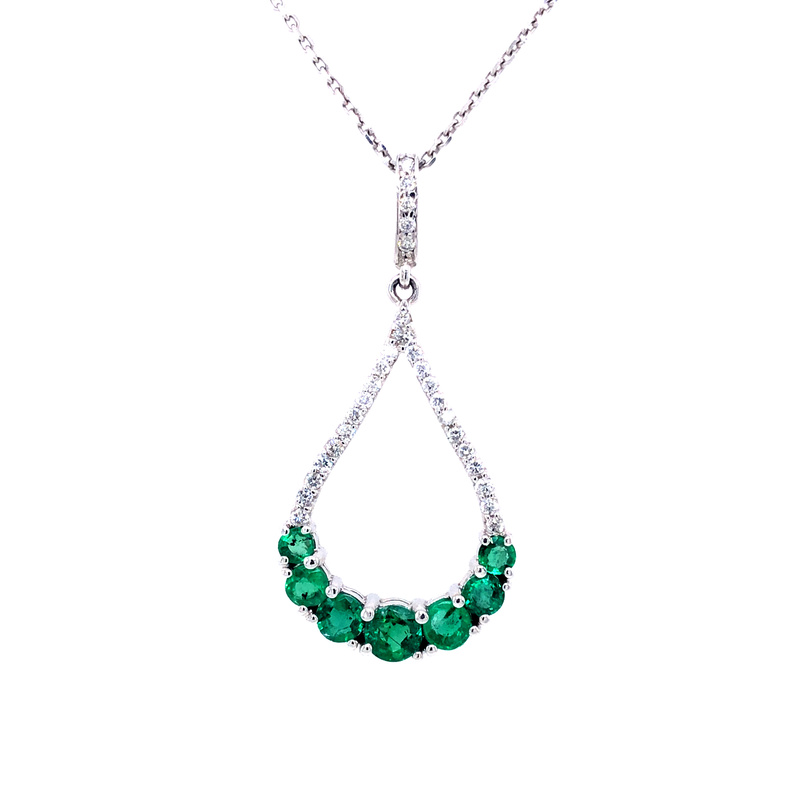 14 Karat White Gold Pendant With 7=1.25TW Round Emeralds And 29=0.21TW Round Brilliant G SI Diamonds  16" Cable Chain