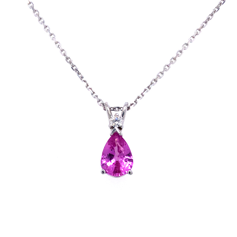 14 Karat White Gold Pendant With One 0.04CT Round Brilliant G SI Diamond And One 1.20CT Oval Pink Sapphire 16" Cable Chain
