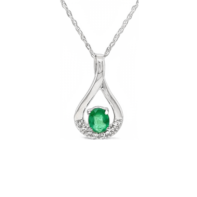 Lady s White 14 Karat Free Form Pendants Length 18 With One 0.35Ct Oval Emerald And 8=0.06Tw Round Brilliant G Si Diamonds