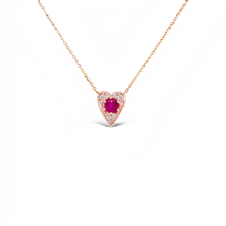 Rose 14 Karat Heart Pendants with One 0.40ct Round Ruby and  9=0.09tw Round Brilliant G VS Diamonds