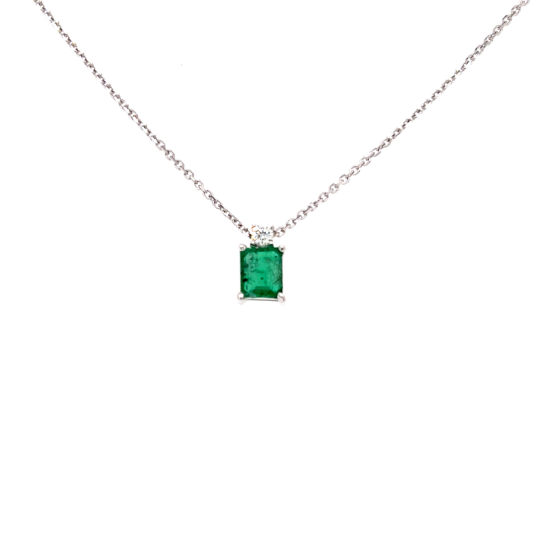 White 14 Karat Fancy Solitaire Pendant with One 0.06ct Round Brilliant G VS Diamond and   One 0.80ct Emerald Emerald