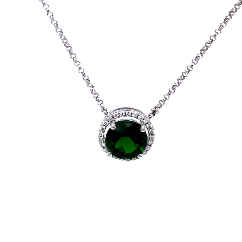 Lady s White 14 Karat Halo Necklace Length 18 With One 2.00Ct Round Chrome Diopside And 25=0.14Tw Round Brilliant G Vs Diamonds  dwt: 2.1