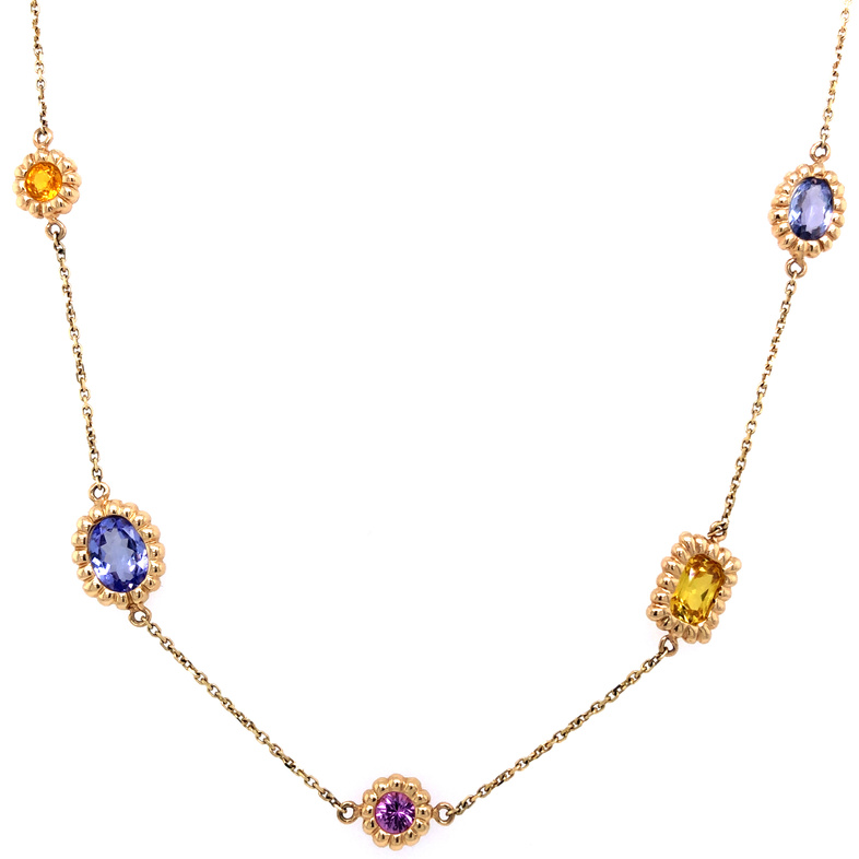 14 Karat Yellow Gold Necklace With 9=4.10TW Oval Multi-Colored Bezel Set Oval  Round  Princess  and Pear Stones 16.5"