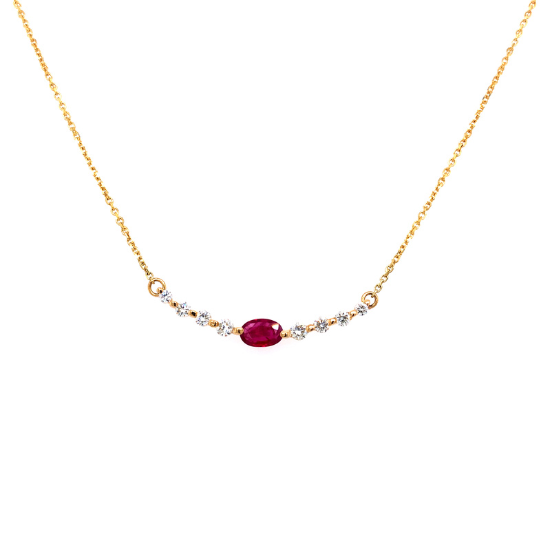 18 Karat Yellow Gold Necklace With 8=0.30TW Round Brilliant G SI Diamonds And One 0.60CT Oval Ruby Center