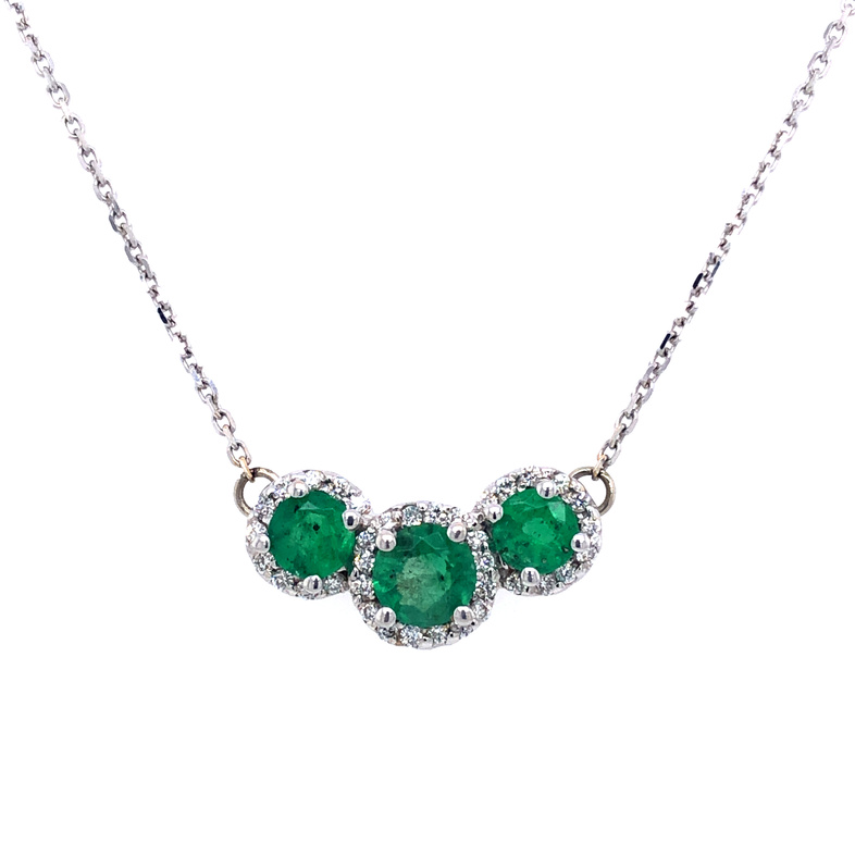 14 Karat White Gold Halo Necklace With 40=0.20TW Round Brilliant G SI Diamonds And 3=1.10TW Round Emeralds