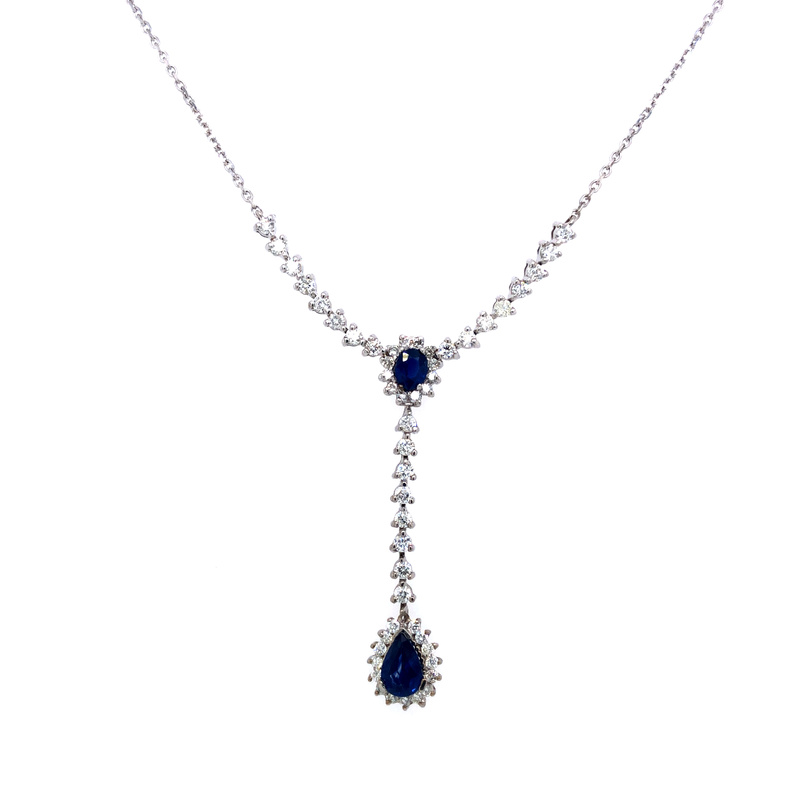 14 Karat White Gold Y Drop Necklace With 51=0.72TW Round Brilliant G SI Diamonds And 2=0.75TW Sapphires