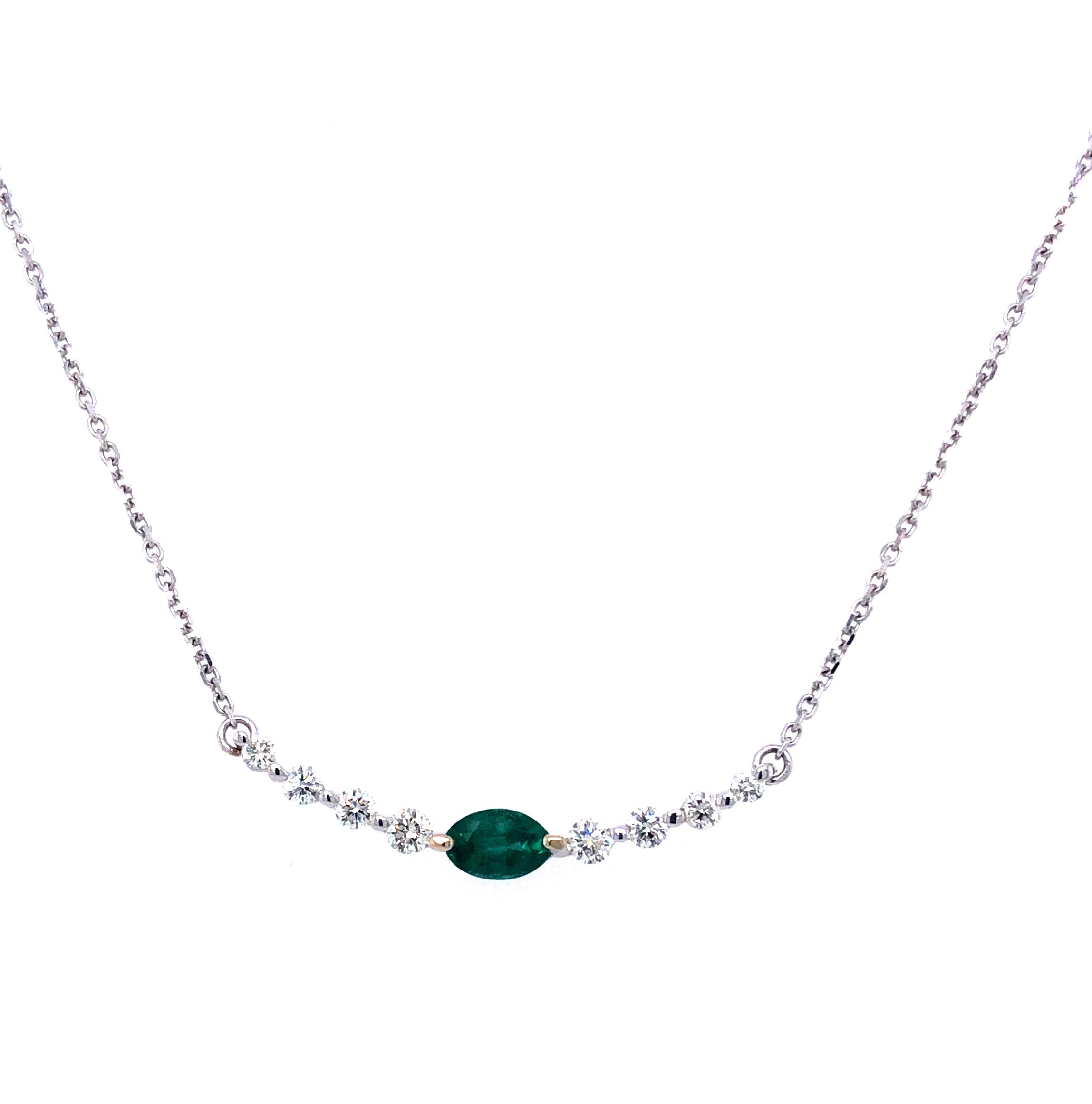 18 Karat White Gold Necklace With 8=0.30TW Round Brilliant G SI Diamonds And One 0.50CT Oval Emerald Center