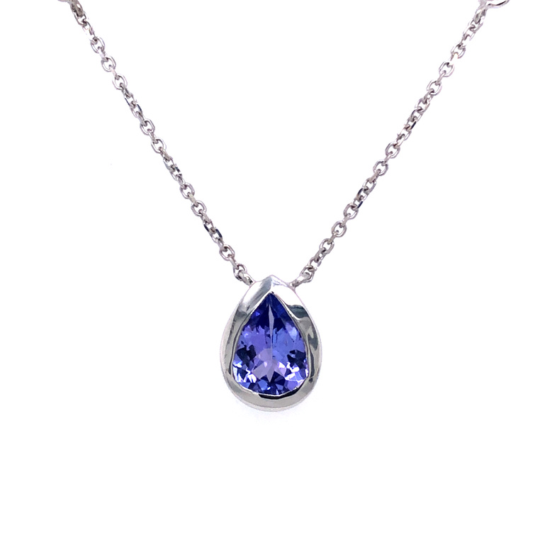 14 Karat White Gold  Necklace With 4=0.08TW Round Brilliant G SI Diamonds Bezel Set Within Chain  And One 1.00CT Pear Tanzanite Bezel Center