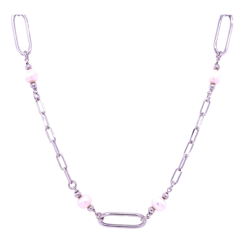 Sterling Station Necklace With 6=5.50Mm Round Pearls