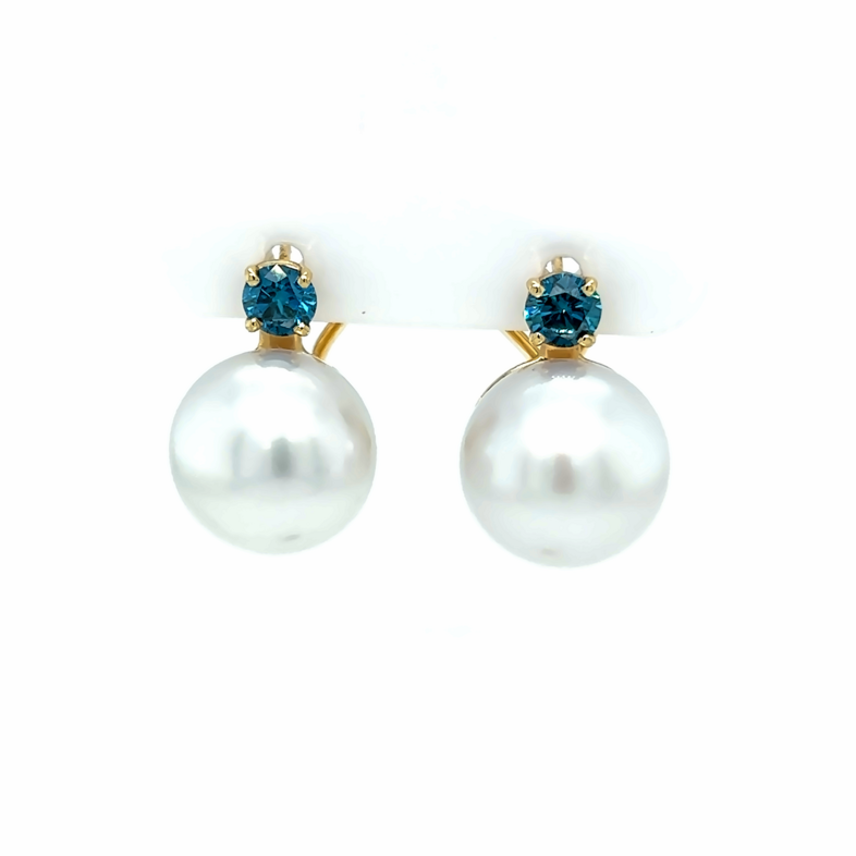 Yellow 14 Karat Stud Earrings With 2=12.50Mm Round Pearls And 2=0.70Tw Round Brilliant Treated Blue Diamonds