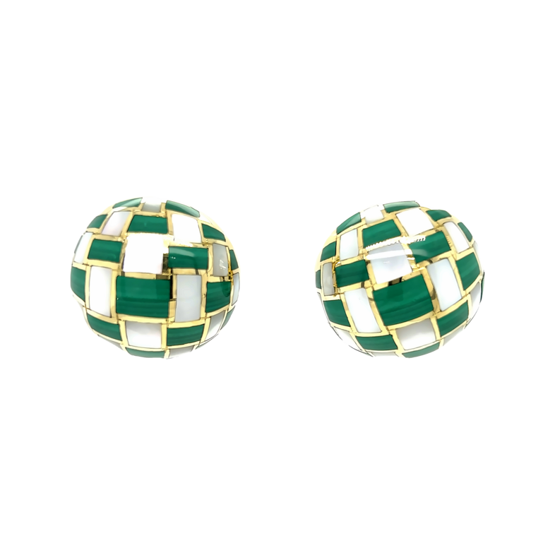 Lady s Yellow 18 Karat Earrings With Malachite & Mother of Pearl Inlaid.