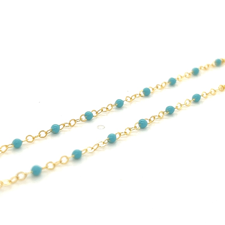 Yellow 14 Karat Turquoise Enamel Bead Anklet Length 10