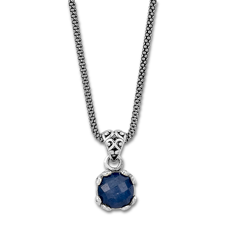 Sterling Silver 7MM Round Blue Sapphire Pendant on Popcorn Chain