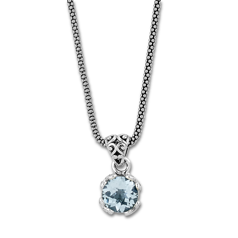 Sterling Silver 7MM Round Blue Topaz Pendant on Popcorn Chain