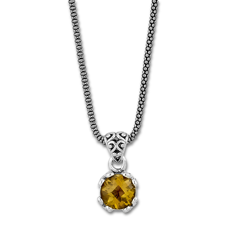 Sterling silver round citrine pendant on a popcorn chain.