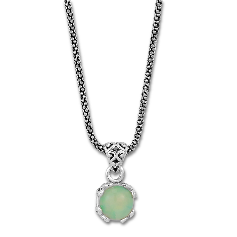 Sterling silver round opal pendant on a popcorn chain.