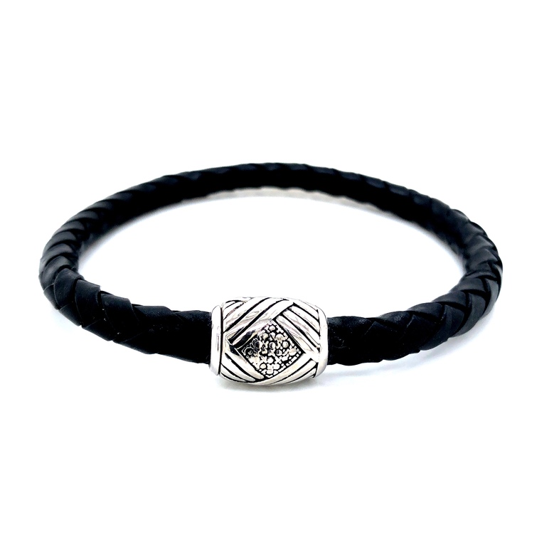 Woven Design Black Leather Braceler With Sterling Silver Accent