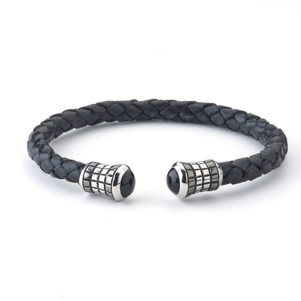 Black leather bangle with Sterling silver and Black Onyx end caps