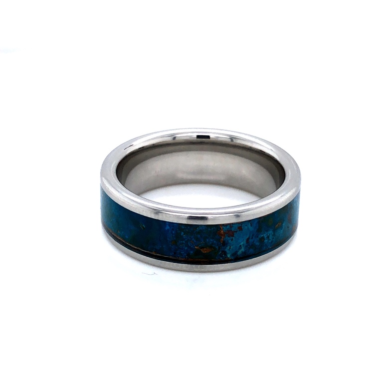 Men s 8mm serinium wedding band with a 5mm copper blue patina.