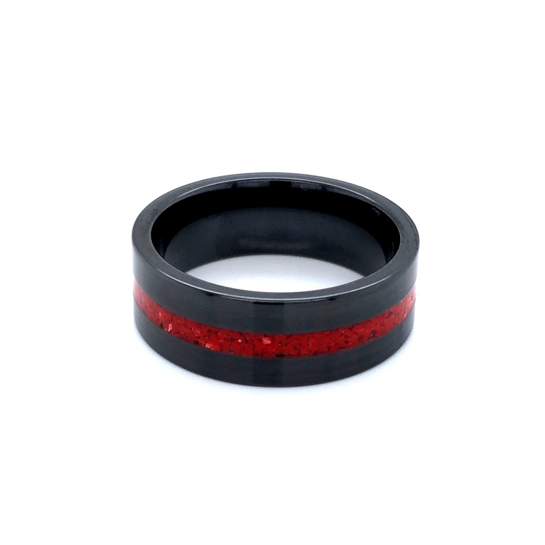 Men s 8mm ceramic wedding band with 2mm coral inlay.