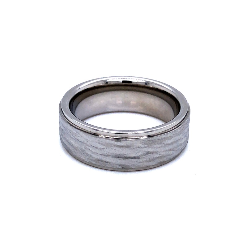 Men s 8mm serinium wedding band with grooved edges and bark center.