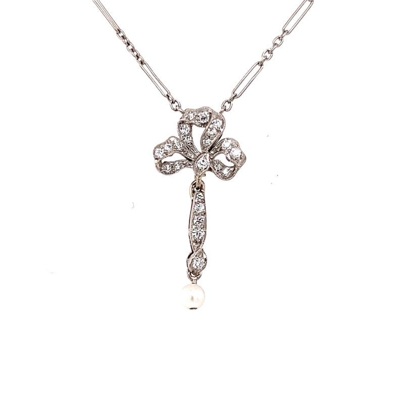 Platinum Necklace With One Natural Pearl And 22=0.50Tw Old European Cut G SI Diamonds  dwt: 2.58