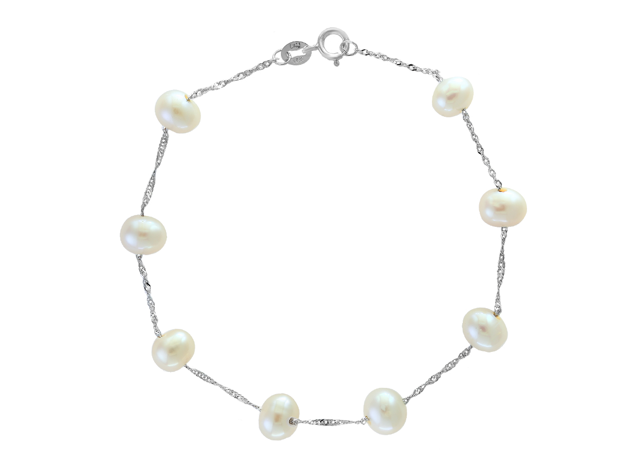 Lady s White 14 Karat 6-6.5MM Pearl Station Bracelet 7.5"