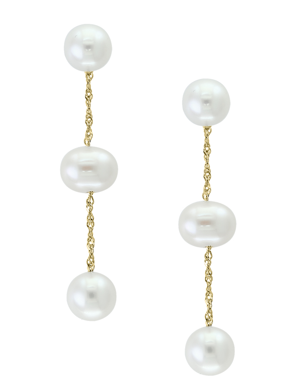 Lady s Yellow 14 Karat Dangle Earrings With 6= Round White Pearls  dwt: 1.6