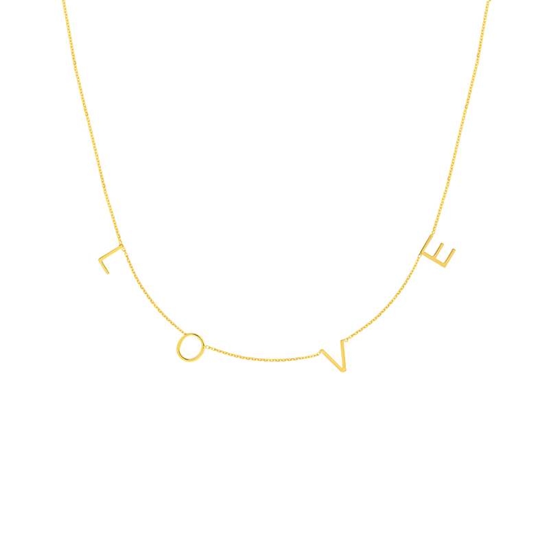 14 Karat Yellow Gold Block Letters LOVE Necklace