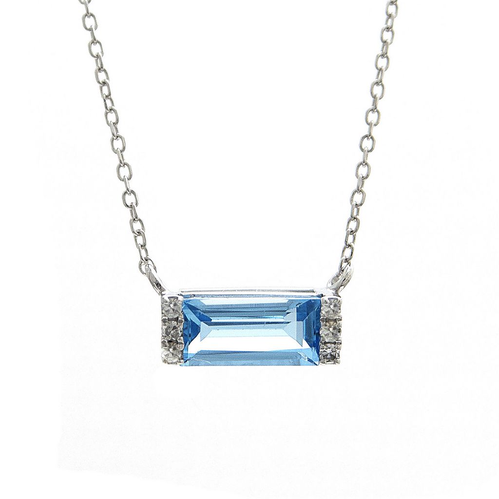 Sterling Bar Necklace with one 0.55ct Emerald Blue Topaz and   6=0.02tw Round Brilliant G I Diamonds