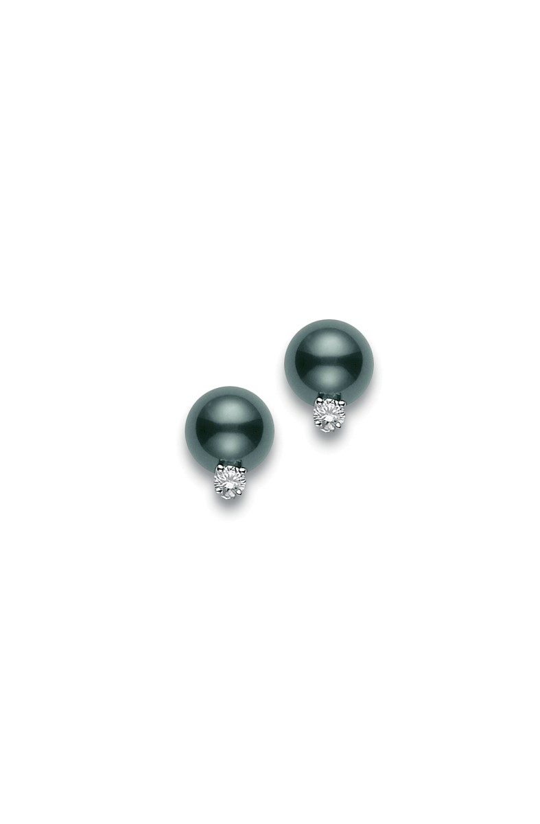 Lady s White 18 Karat Earrings With 2=9.00MM South Sea Black Mikimoto A+ Pearls And 2=0.20TW Round Brilliant F VVS Diamonds