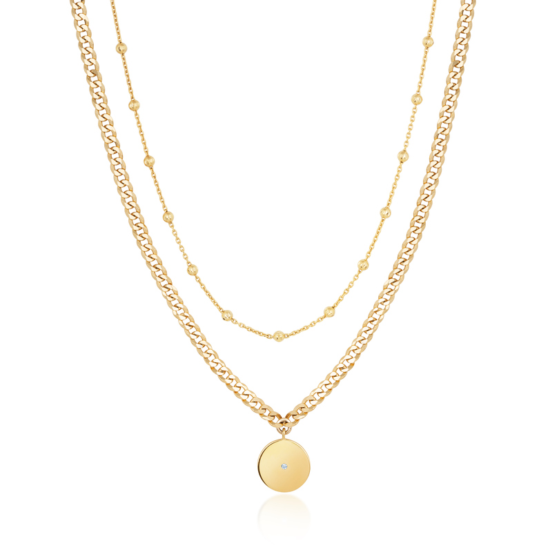 Sterling silver plated in 14 karat yellow gold double layer 14" ball chain and curb chain with white zircon.