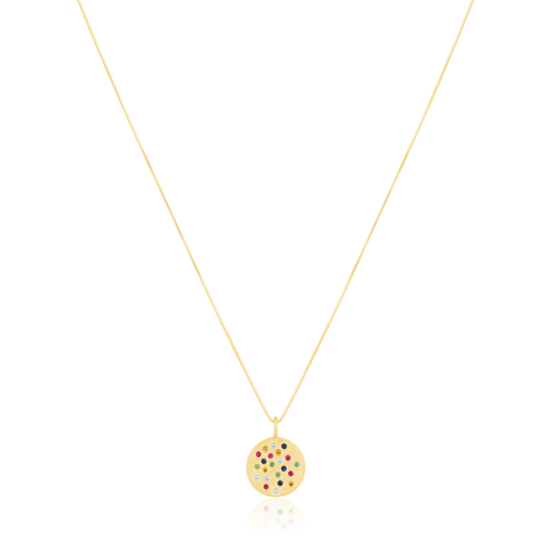 Sterling silver plated in 14 karat yellow gold with multi gemstone disc on a 16" box chain.