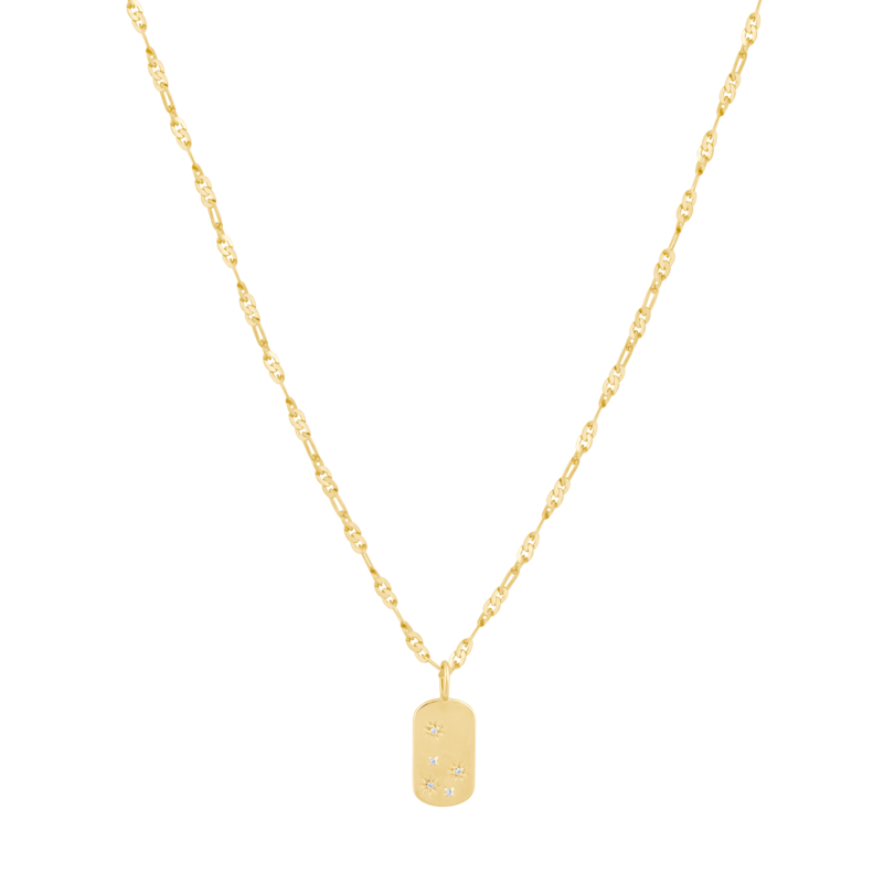 Sterling silver plated in 14 karat yellow gold starburst little tag with white zircon on a twisted figaro chain.