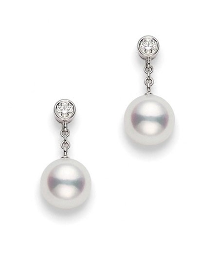 Lady s White 18 Karat Earrings With 2=8.00MM A+ Mikimoto Pearls And 2=0.18CTTW Round Brilliant F VVS Diamonds