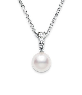 Lady s White 18 Karat Pendant With One 8 MM Mikimoto cultured pearl and 3= .12 carat round brilliant cut diamonds.