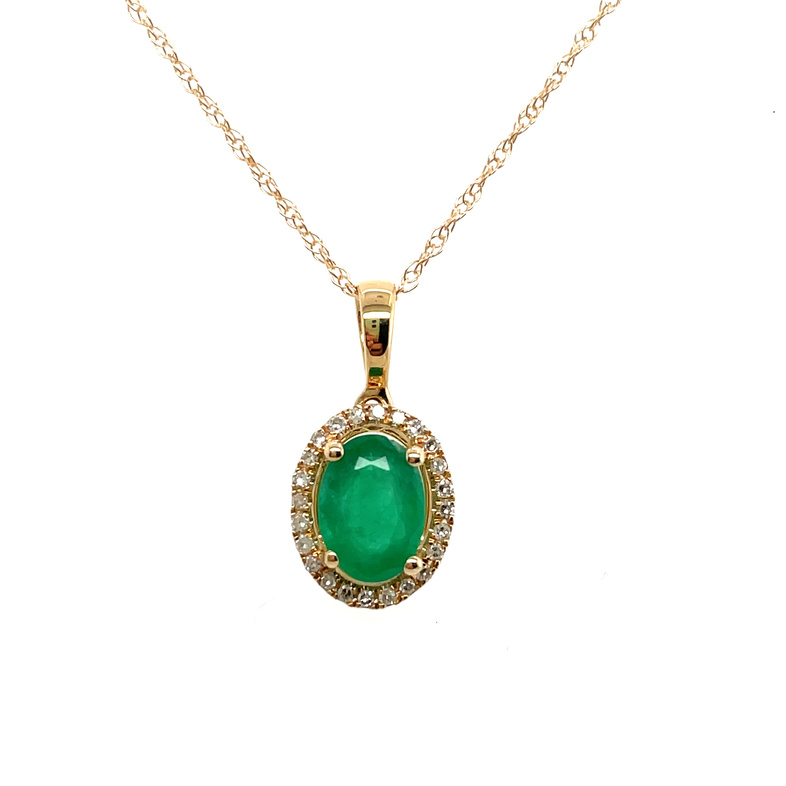 .80TGW OVAL HALO EMERALD & DIAMOND PENDANT/CHAIN CONTAINING: .72CT OVAL EMERALD; + 24 ROUND DIAMONDS; .08TDW; 14KY CHAIN INCLUDED