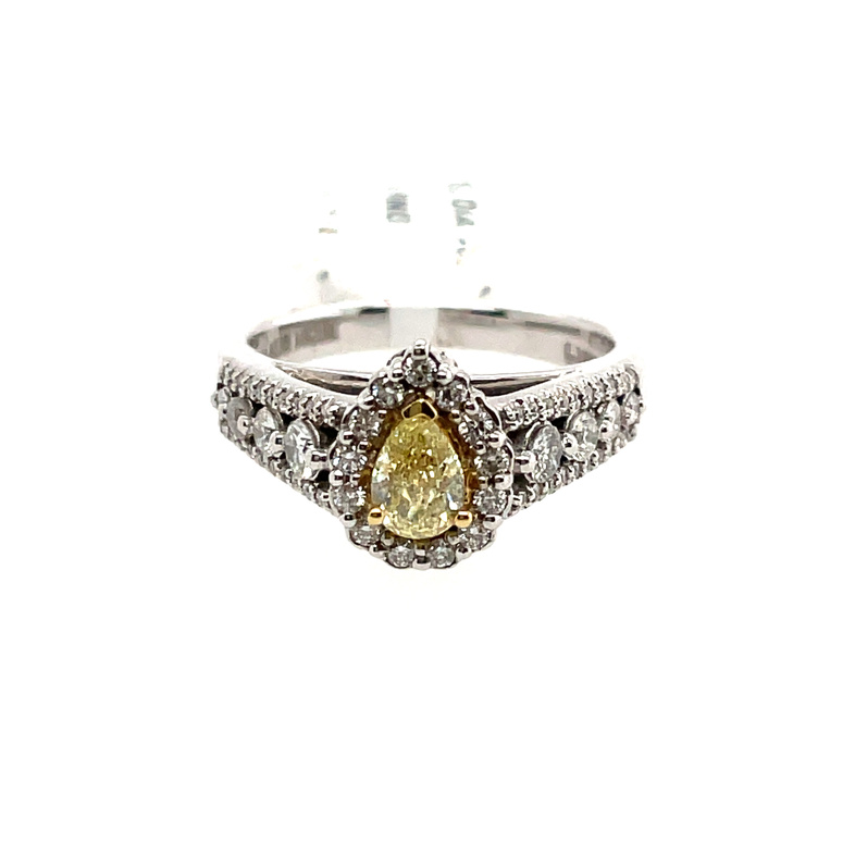 .88CTW PEAR-SHAPE HALO RING CONTAINING: .54CT PEAR SHAPE FANCY YELLOW DIAMOND CENTER; + 62 ROUND MELEE DIAMONDS; .34CTW; 14KW