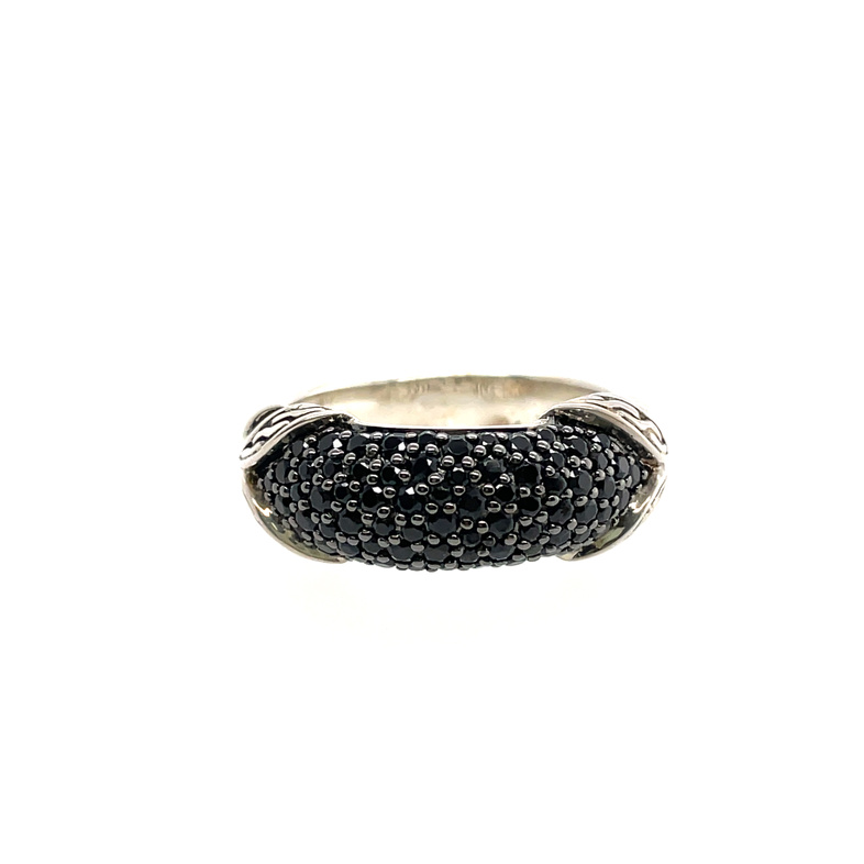 Asli Classic Chain Link Silver Ring With Black Sapphire + Black Spinel, Size 7