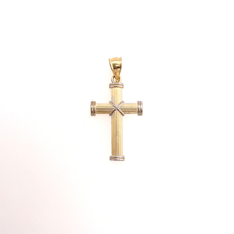 BLUNT-TIP RIBBED CROSS PENDANT/CHAIN; 14KY GEM J CHAIN