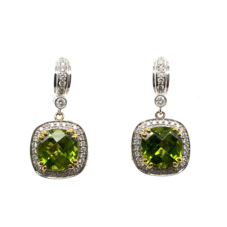 CHARLES KRYPELL PASTEL EARRINGS CONTAINING: 70 ROUND DIAMONDS; .70TDW; H-I; VS2-SI1; + 50 ROUND YELLOW SAPPHIRES; .60CTW; + 2 CUSHION PERIDOT; 8.91CTW; EARRINGS=10.21TGW; 18KW/Y